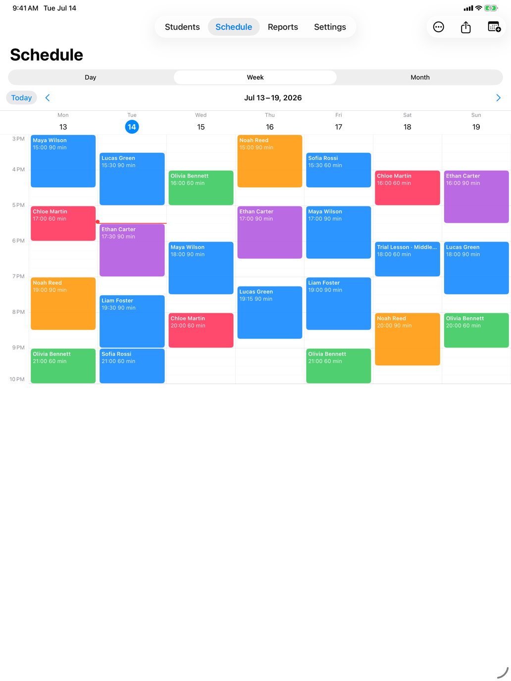Tutor Planner weekly schedule on iPad