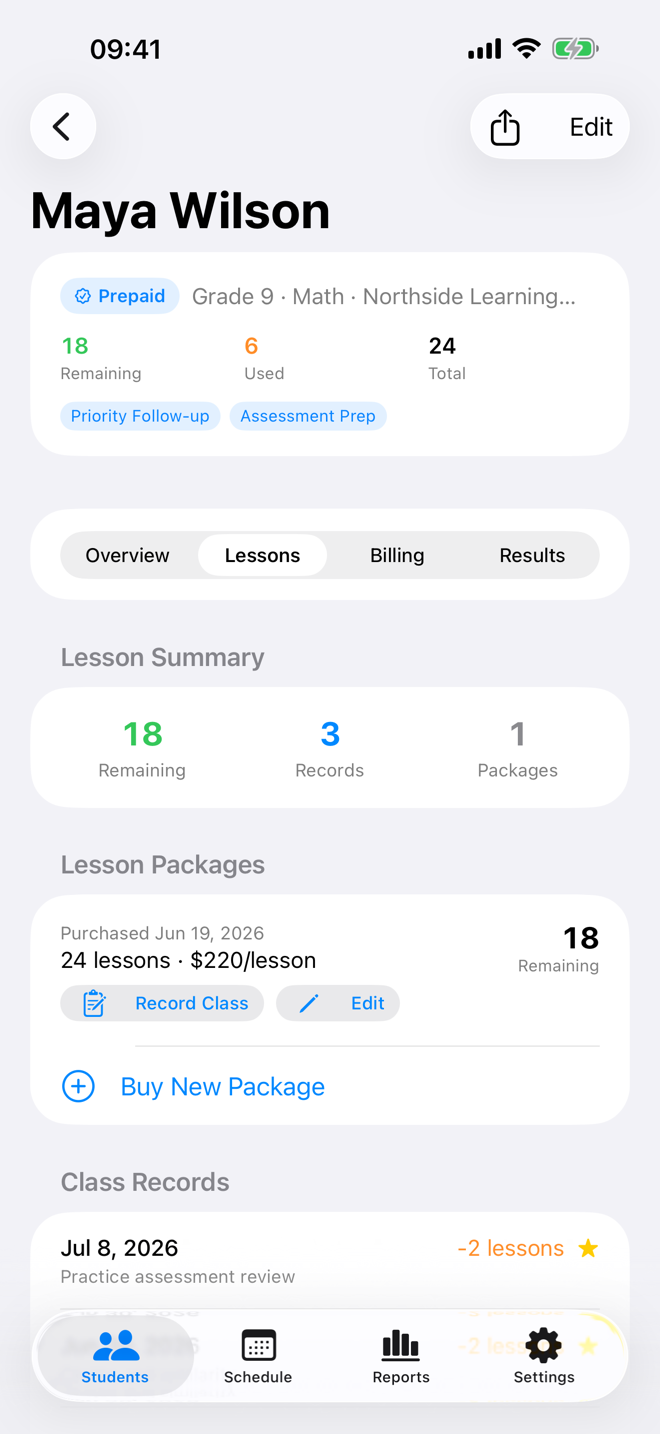 A student lesson record with package balance and class history