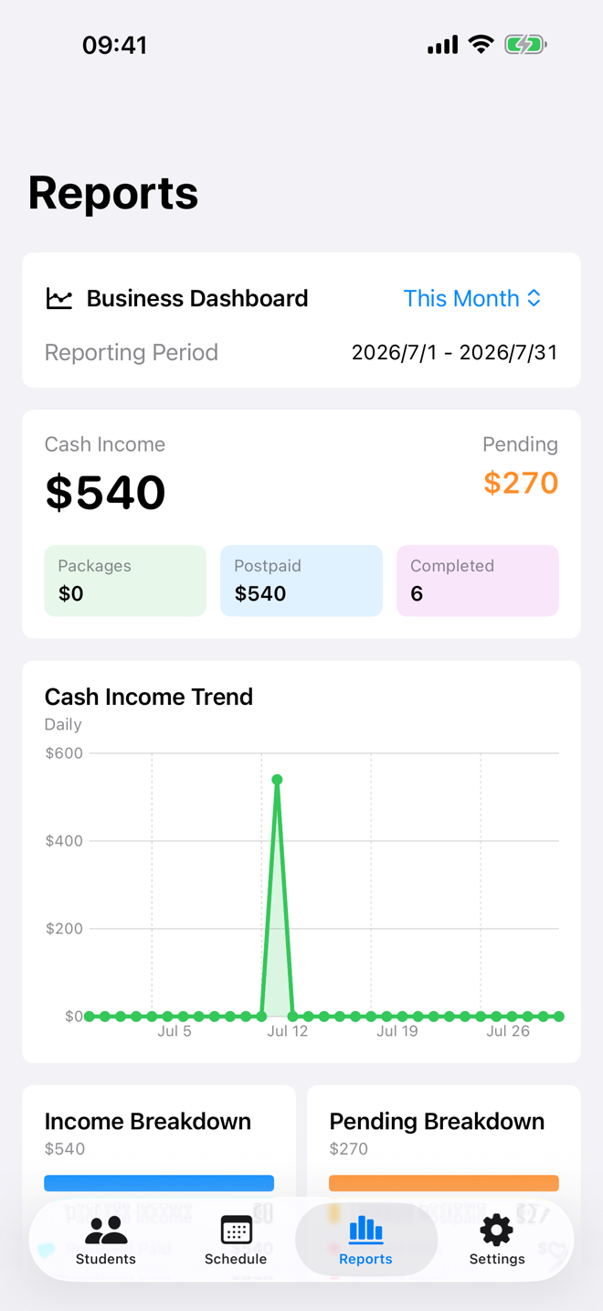Tutor Planner business report showing income, pending payments, and lesson metrics