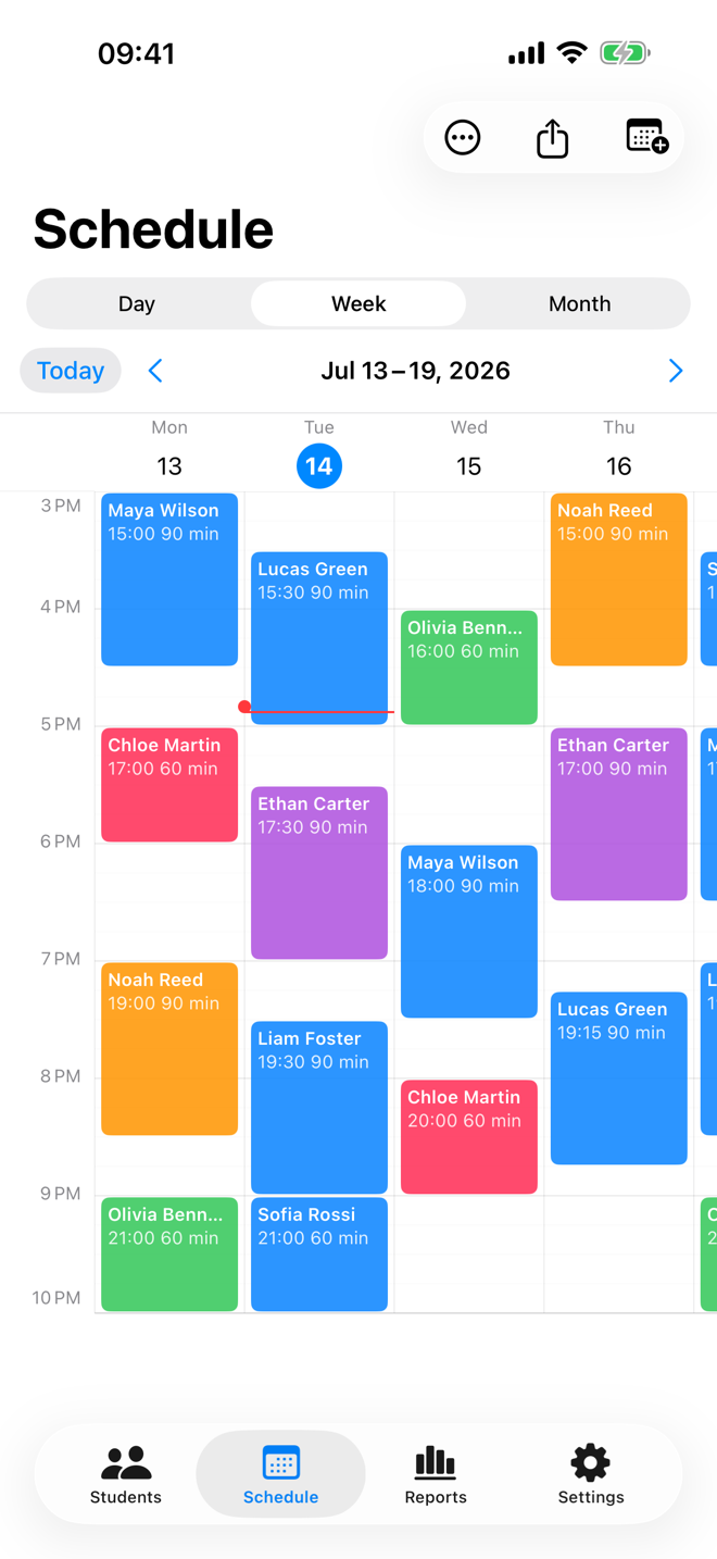 Tutor Planner weekly schedule showing lessons across the week