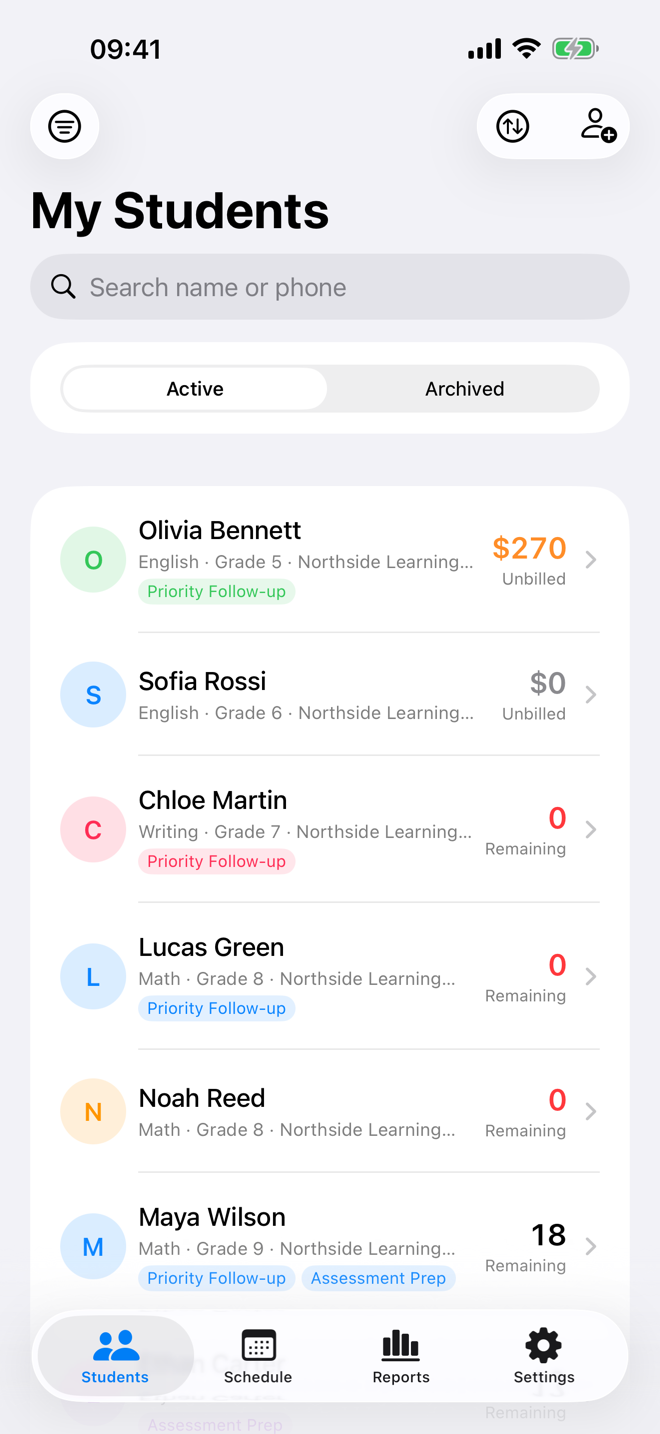 Tutor Planner student list with lesson balances and billing status