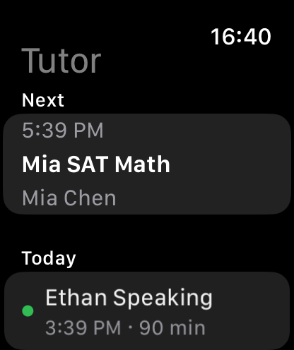 Apple Watch view of today's tutoring lessons
